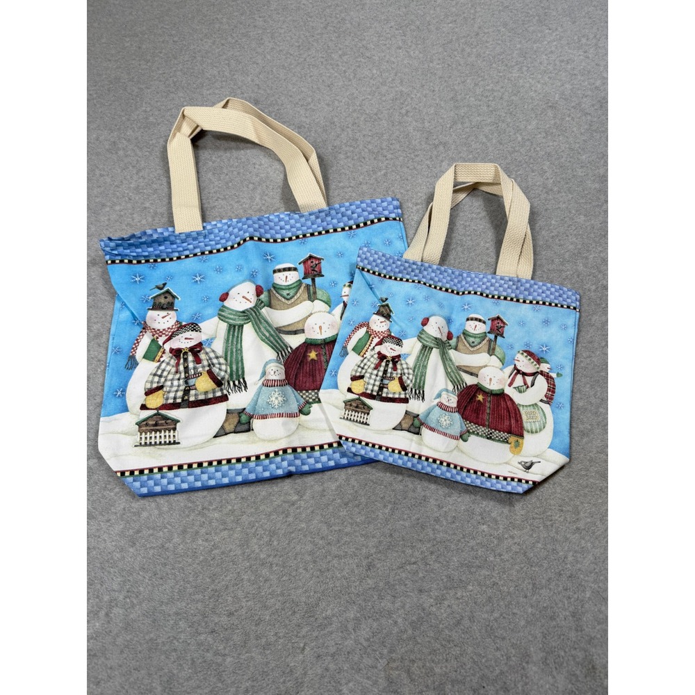Debbie Mumm Fiddlers Elbow Snowman Canvas Tote Bag Set of 2 Blue Made in USA